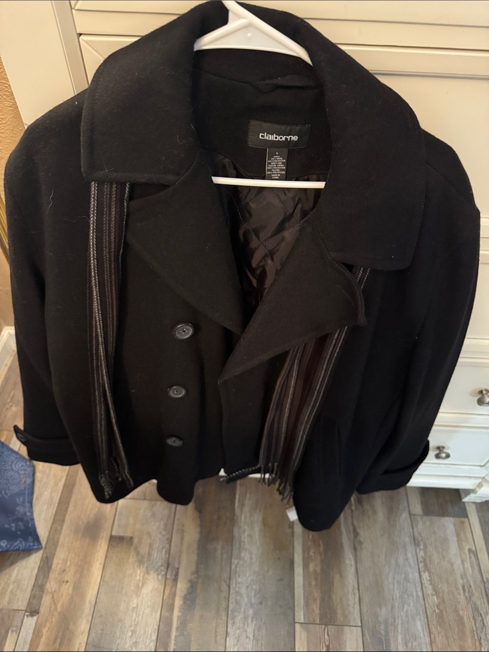 Claiborne Men’s Black Double-Breasted Wool Peacoat Size Large with Scarf